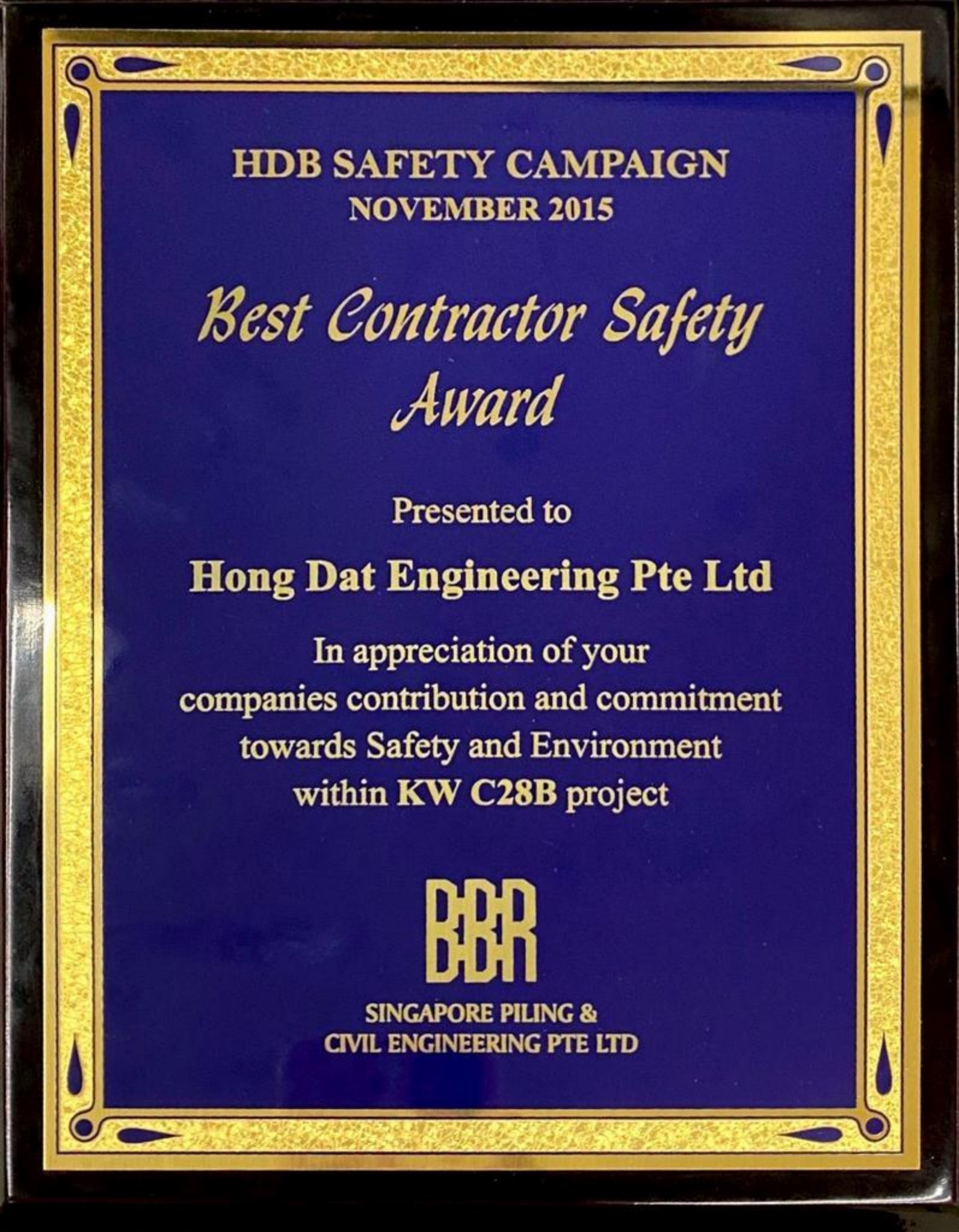 Safety Award by BBR Singapore Piling& Civil Engineering Pte Ltd